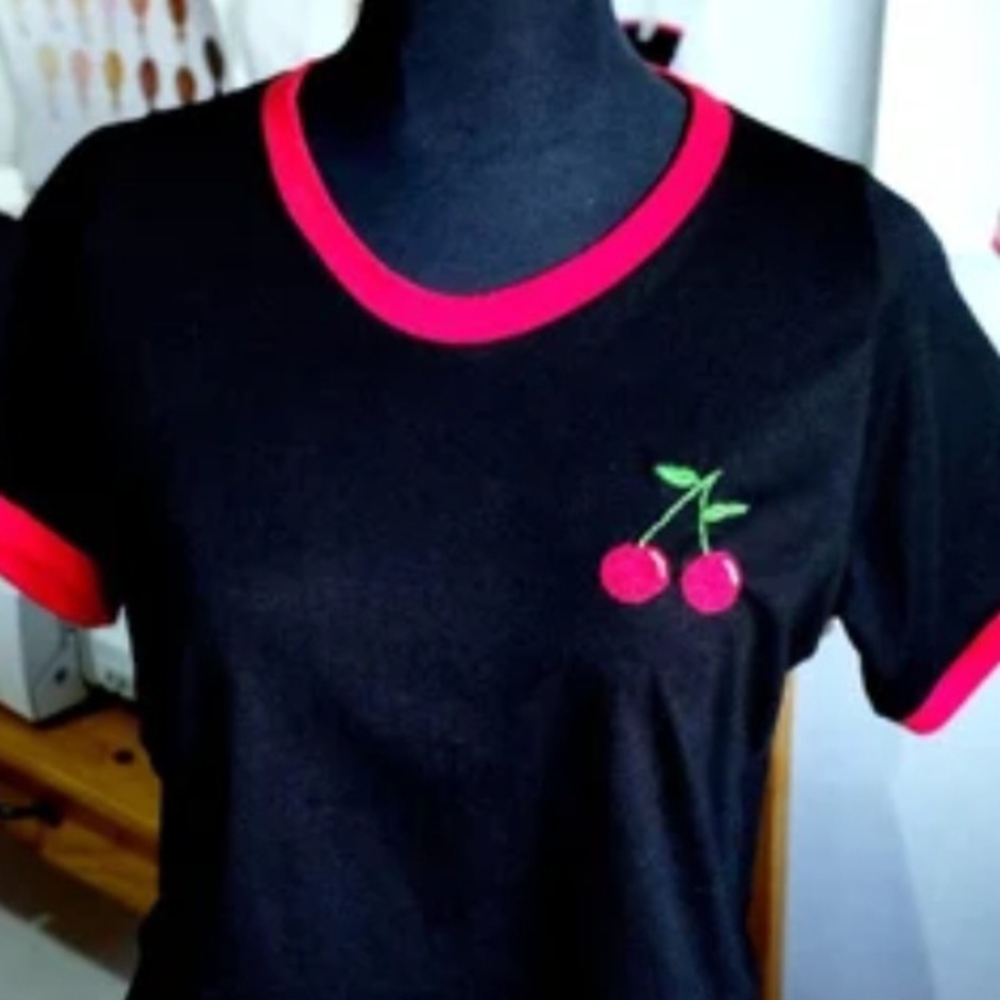 (Searching) Black T-Shirt with Cherry Embroidery